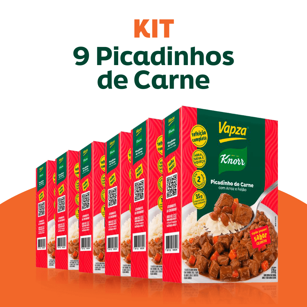 Kit 9 Picadinhos de Carne Com Arroz e Feijão 370G Vapza e Knorr