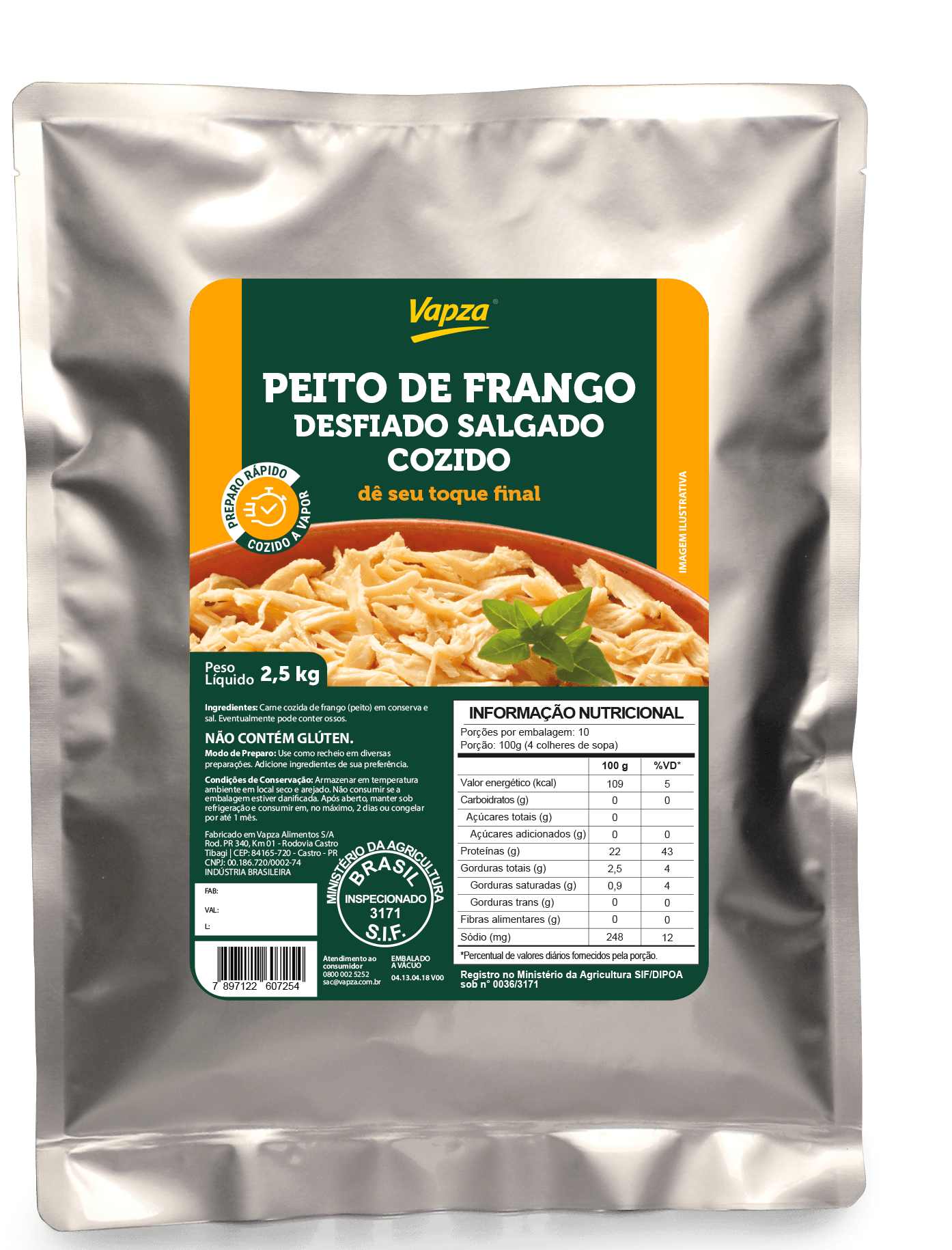 Peito de Frango Desfiado Salgado Cozido 2,5 KG Vapza