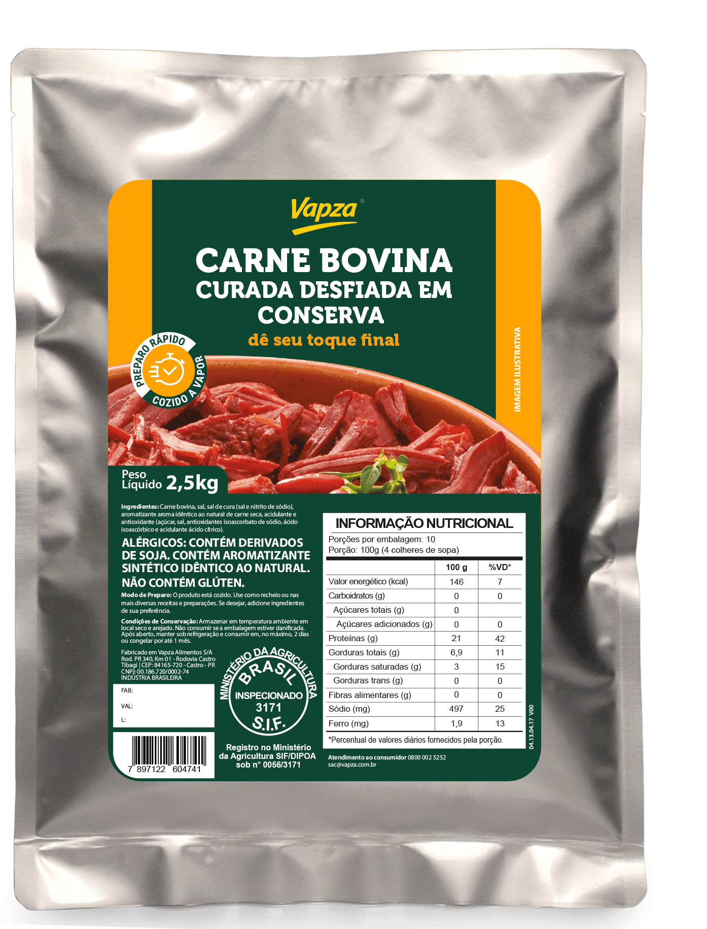 Carne Bovina Curada Desfiada em Conserva 2,5 Kg Vapza