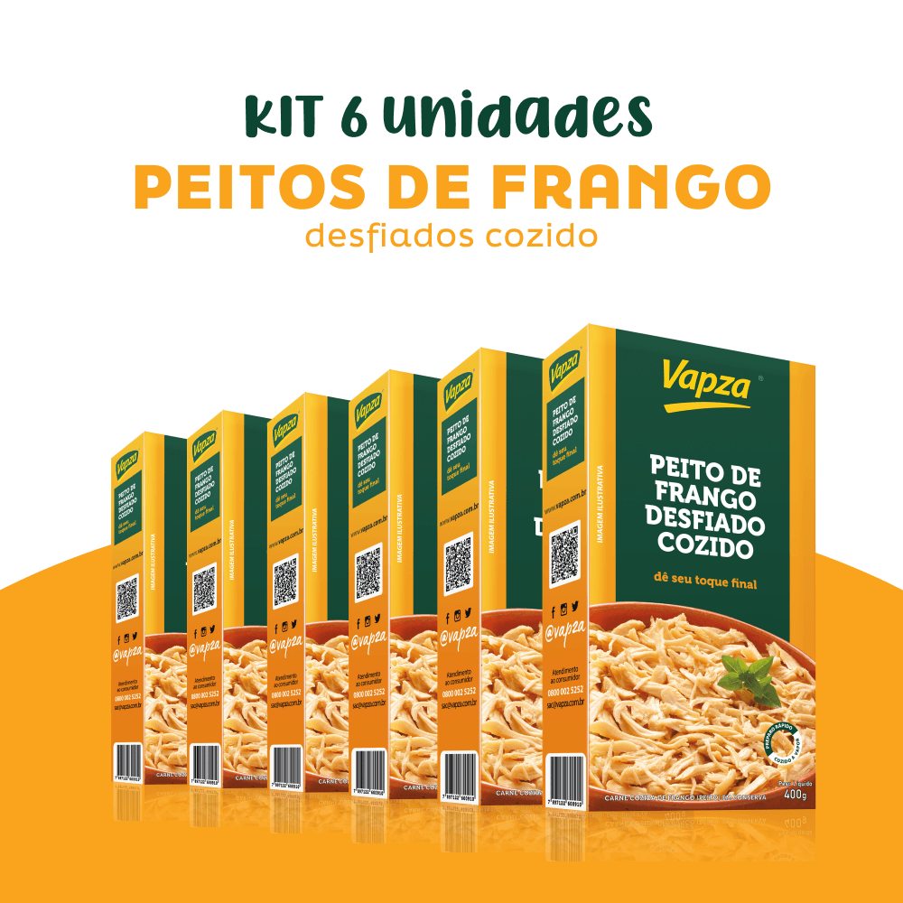 Kit 6 Peitos de Frango Desfiados Cozidos 400G Vapza