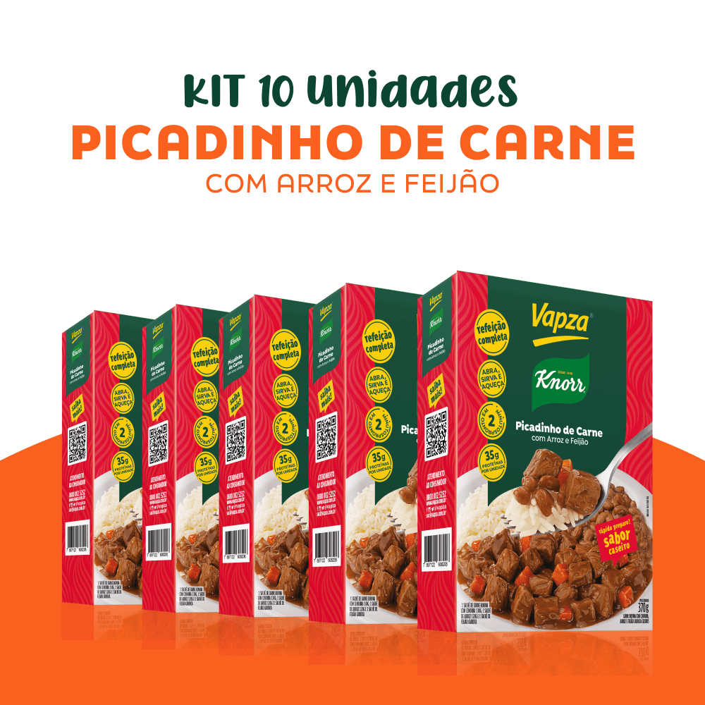 Kit 10 Picadinhos de Carne Com Arroz e Feijão 370G Vapza e Knorr